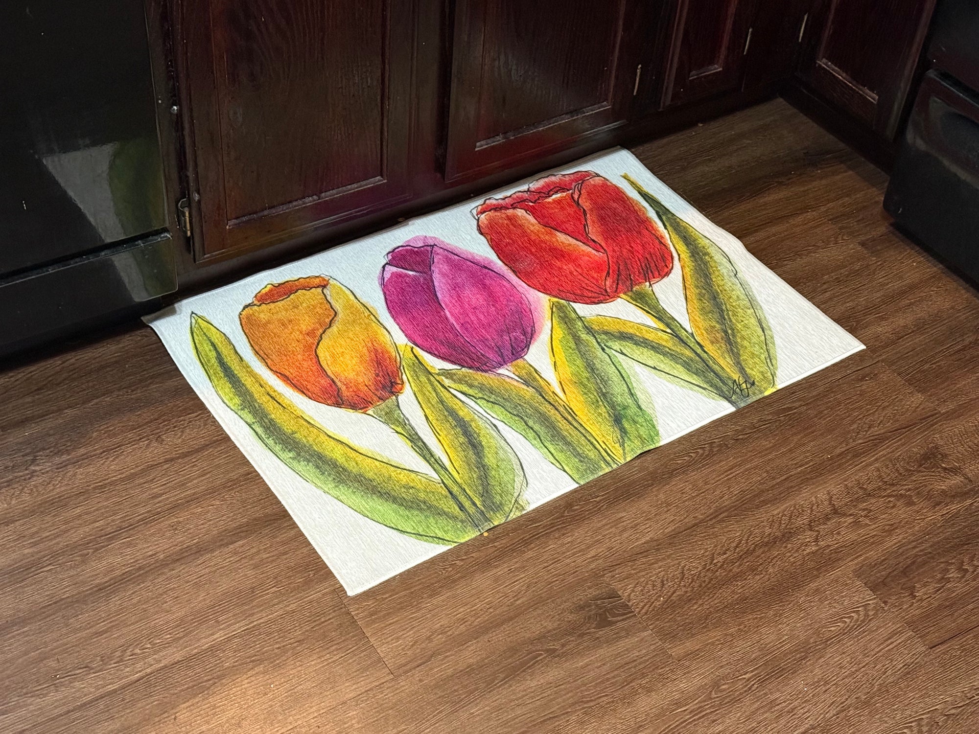 Designer Area Rug with a Bold Trio of Tulips