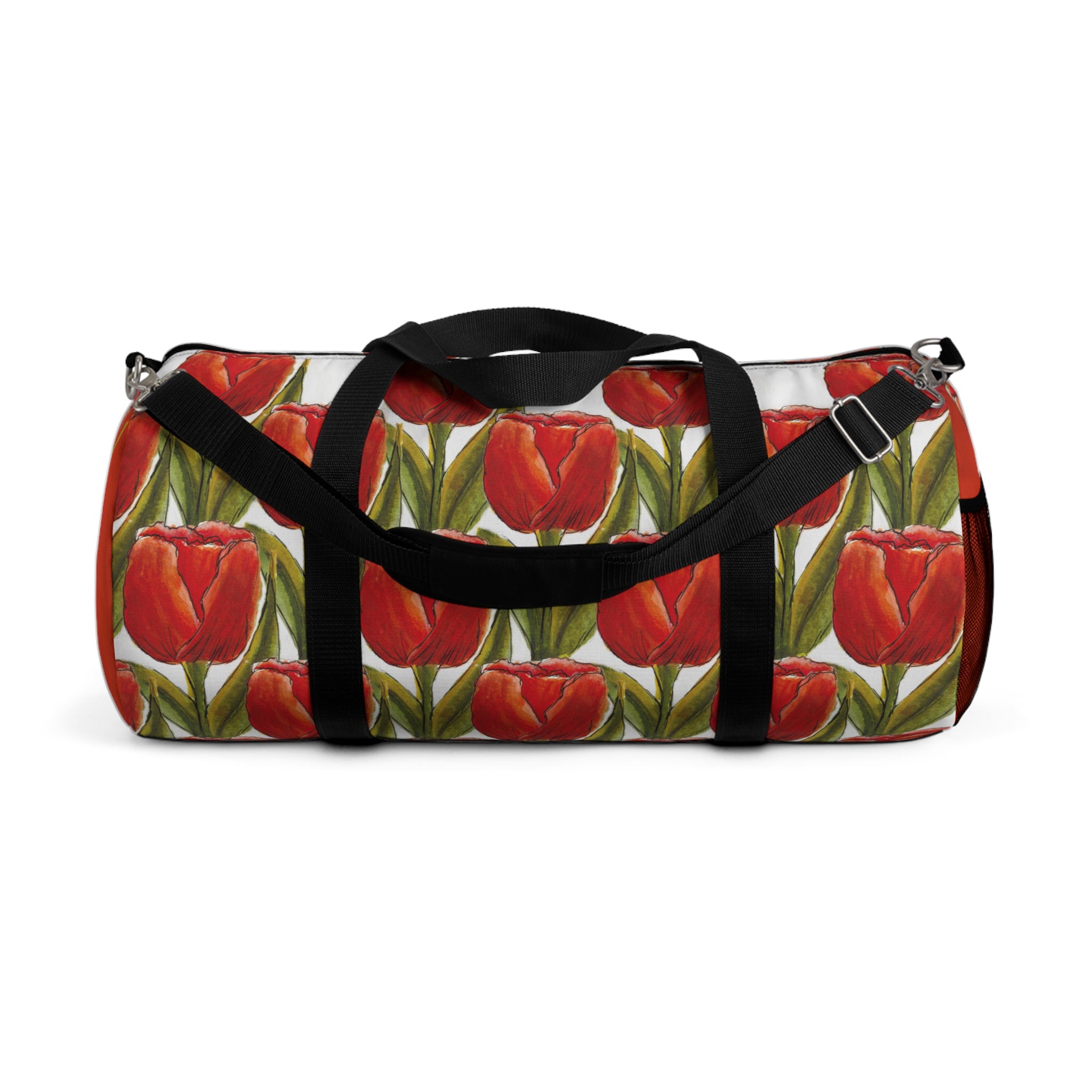 Designer Floral Print Duffel Bag with Bold Orange Tulips